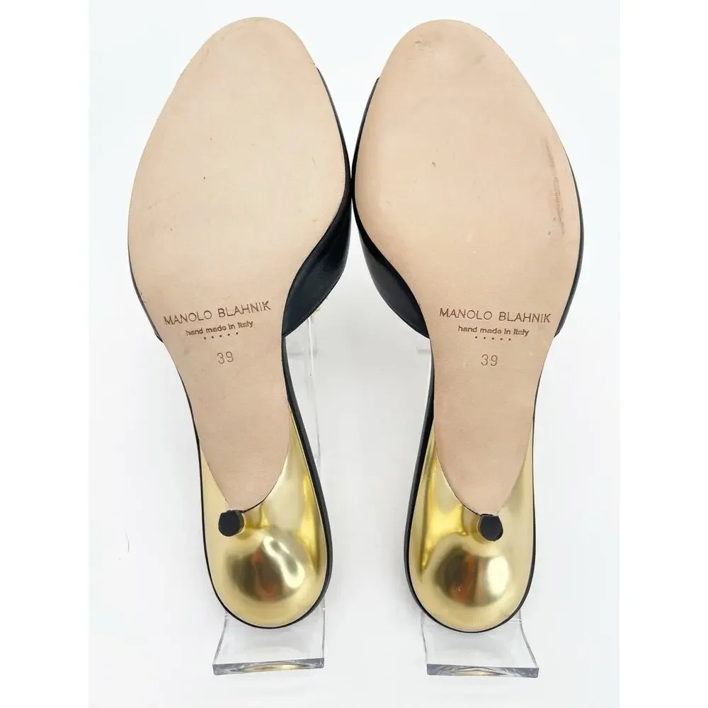 Manolo Blahnik Astria Black Gold Leather Crystal Ring Slide Mule Sandals IT 39